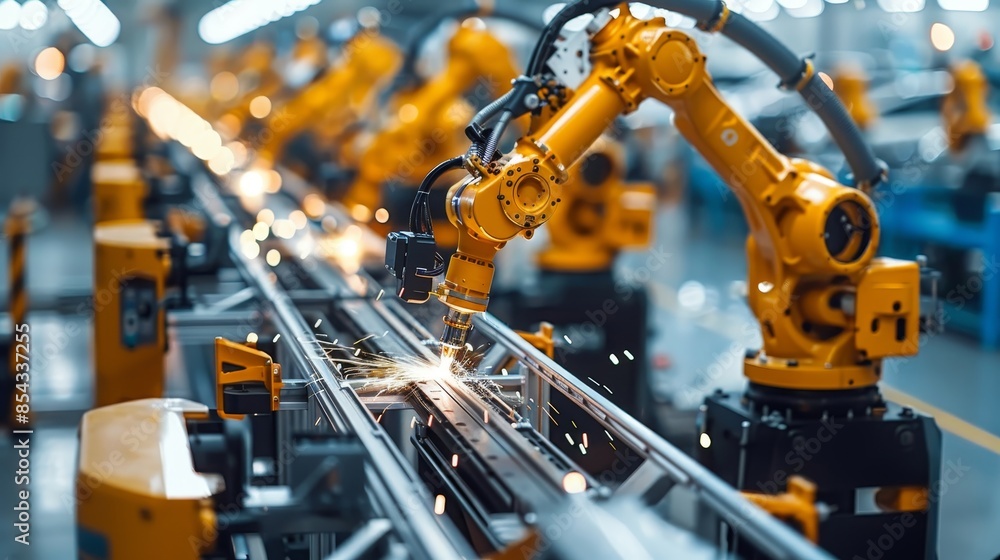 A car is being built in a factory with robots working on it A car is being built in a factory with robots working on it