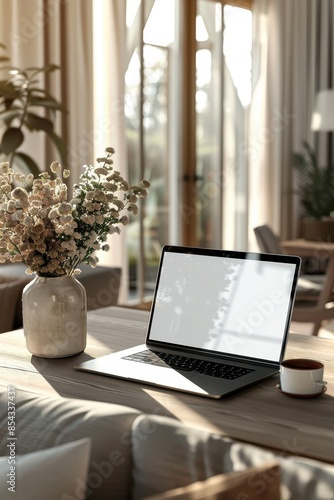 Wallpaper Mural A modern home interior with an open laptop next to a vase of baby's breath flowers, creating a gentle atmosphere Torontodigital.ca