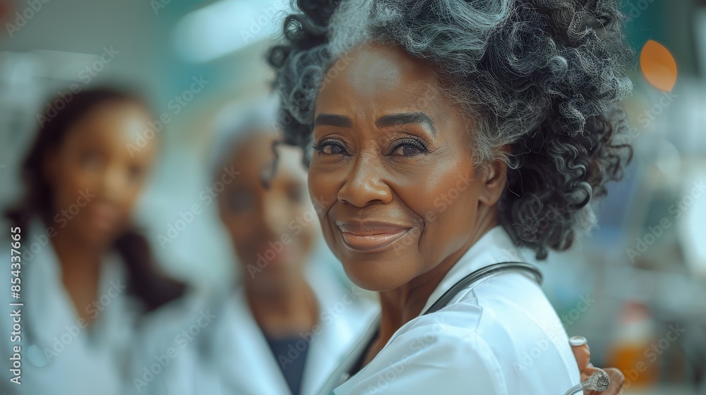 Fototapeta premium A senior medical professional smiles warmly, surrounded by her team in a clinical setting