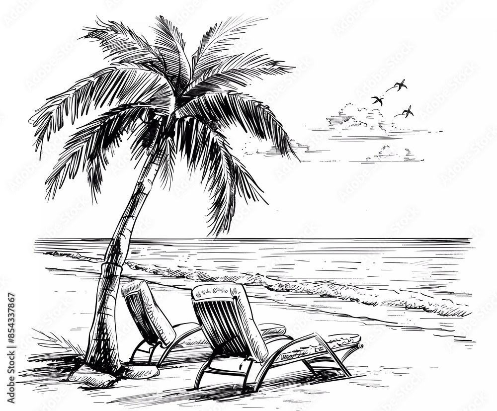 Tropical beach with palm trees and lounge chairs, vector hand drawn sketch drawn in black ink style