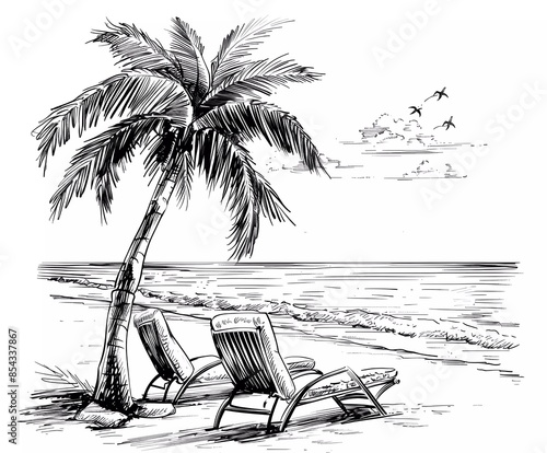 Obraz na płótnie Tropical beach with palm trees and lounge chairs, vector hand drawn sketch drawn in black ink style w salonie
