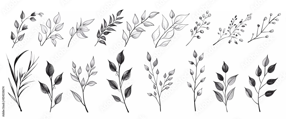Vector hand drawn leaves and branches set in vector illustration style ...