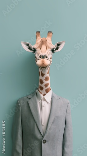 Giraffe in a suit on a teal background © NicotineLens 