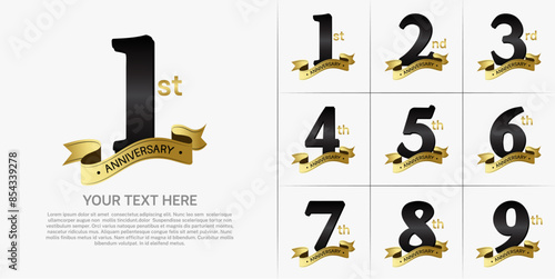 anniversary logotype set vector, black color and gold ribbon for special day celebration