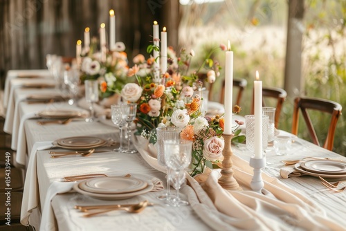 A beautifully arranged wedding table with a floral centerpiece, lit candles, and elegant dinnerware set against a soft-focus background