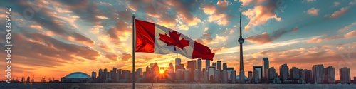 canada flag with the city of toronto in the background