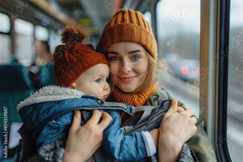 A heartwarming mother-child duo in winter clothing sharing a moment of closeness during a train ride, symbolizing family love photo