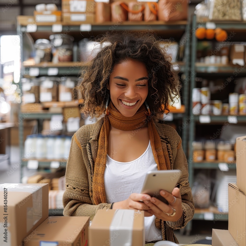 Fototapeta premium Young woman in casual wear using a smartphone while shopping in a modern store with various products