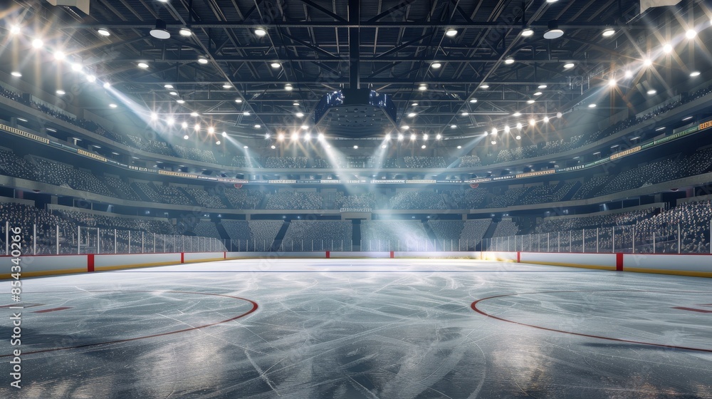 A brightly lit, empty ice hockey rink with clean, smooth ice, ready for a game in a large modern stadium, with stadium lights shining down. A brightly lit, empty ice hockey rink with clean, smooth ice, ready for a game in a large modern stadium, with stadium lights shining down.