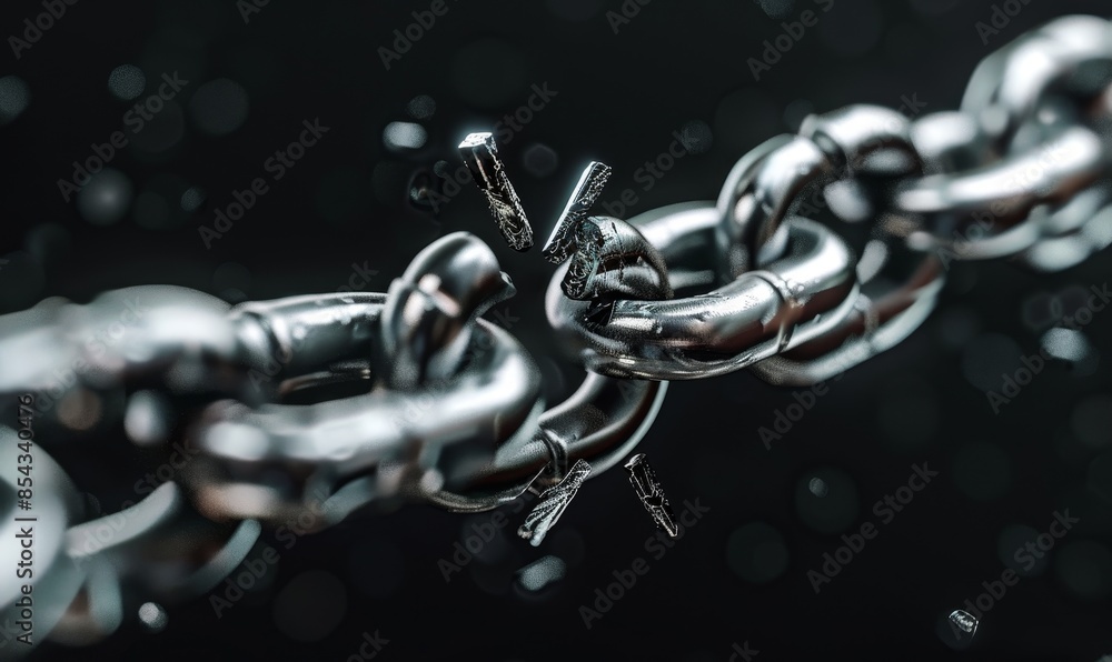 Close-up of a breaking chain link with sparks flying against a dark background, symbolizing strength, tension, and breaking free. Close-up of a breaking chain link with sparks flying against a dark background, symbolizing strength, tension, and breaking free.