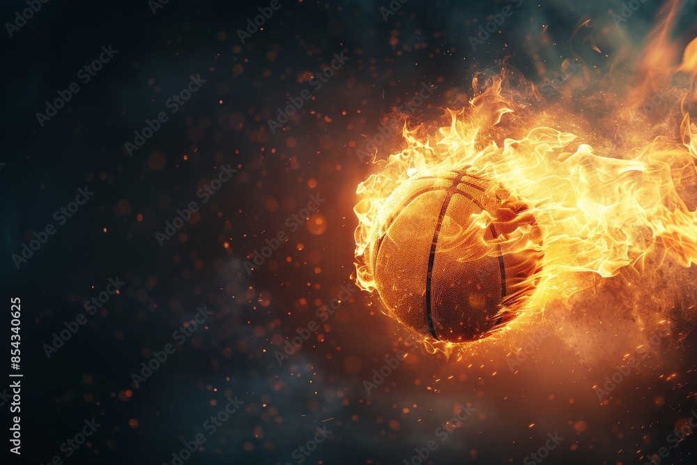 Dramatic fiery basketball in action, blazing against a dark background with sparks flying, symbolizing intense sports competition and energy. Dramatic fiery basketball in action, blazing against a dark background with sparks flying, symbolizing intense sports competition and energy.