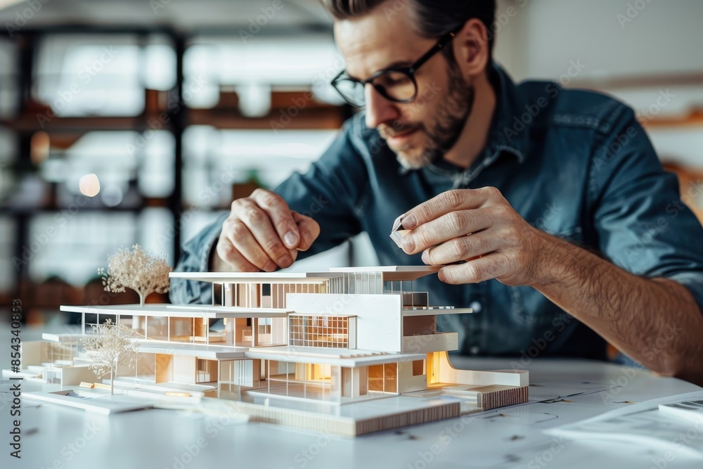 An architect meticulously working on a scale model of a building, focused on precision and design elements An architect meticulously working on a scale model of a building, focused on precision and design elements