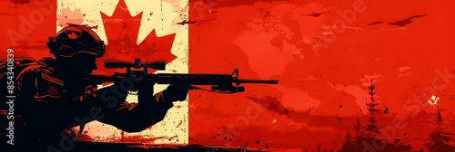 The flag of Canada and the silhouette of a soldier aiming their weapon