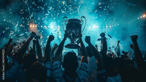 A crowd of people are celebrating with a trophy in the air