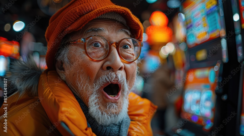 old man with glasses and a shocked expression while playing slot machines in the casino old man with glasses and a shocked expression while playing slot machines in the casino