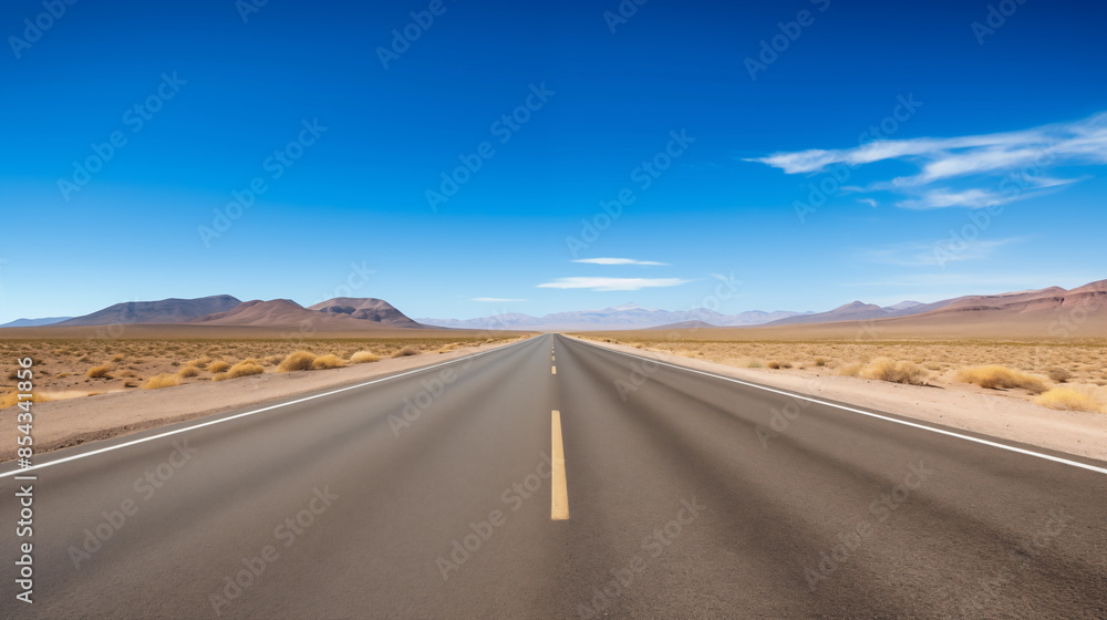 Straight Road Through Vast Desert Under Clear Blue Sky Straight Road Through Vast Desert Under Clear Blue Sky