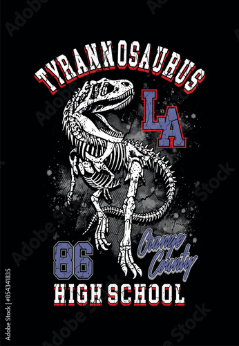 Vector illustration of Tyrannosaurus Rex skeleton in composition with lettering in college style.