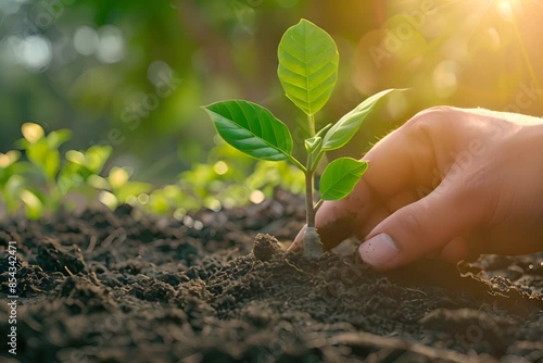 Hand planting a young tree in fertile soil, symbolizing reforestation and carbon offset, close-up with natural sunlight, sustainability and growth theme with forest background
