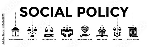 Social policy banner icons set. Vector graphic glyph style with icon of government, society, legislation, services, health care, welfare, reform, and education