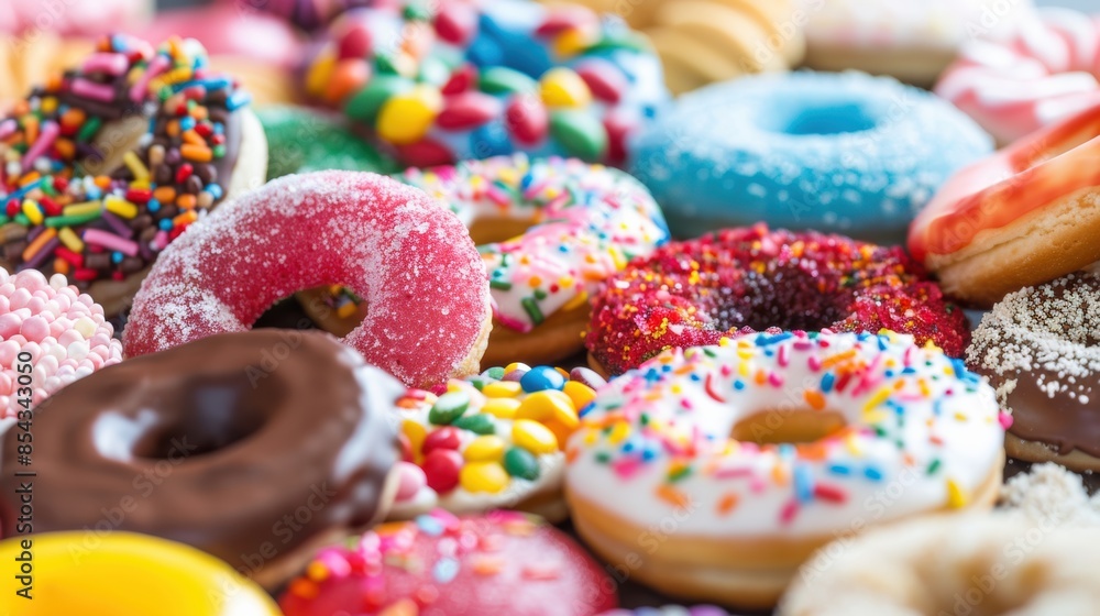 A delightful array of sugary and processed foods, featuring an assortment of colorful donuts topped with sprinkles, chocolate glaze, and icing. A delightful array of sugary and processed foods, featuring an assortment of colorful donuts topped with sprinkles, chocolate glaze, and icing.