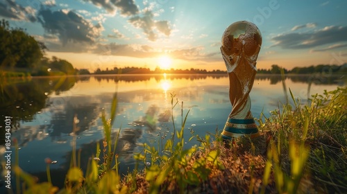 A golden soccer ball is sitting on the grass by a lake photo