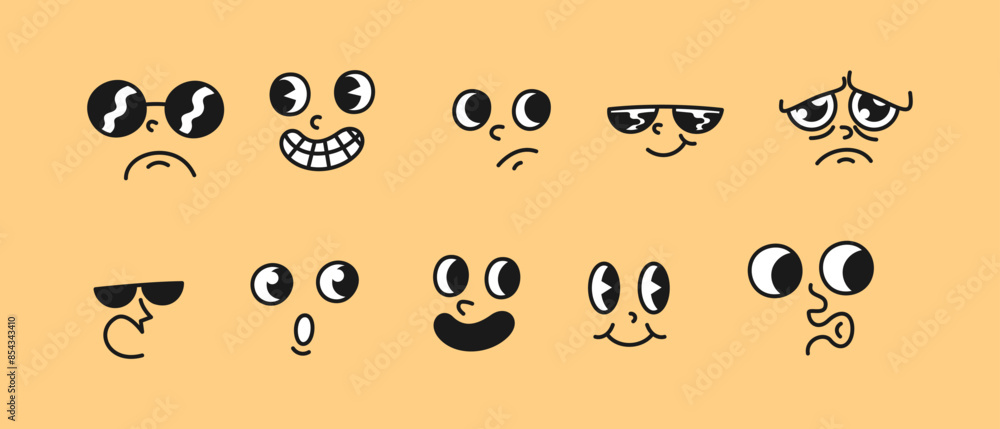 Fototapeta premium Set of Unique Cartoon Face Expressions with Different Emotions - Vector Illustration of Funny and Sad Faces with Sunglasses, Googly Eyes, and Various Mouths - Perfect for Emojis, Stickers, etc