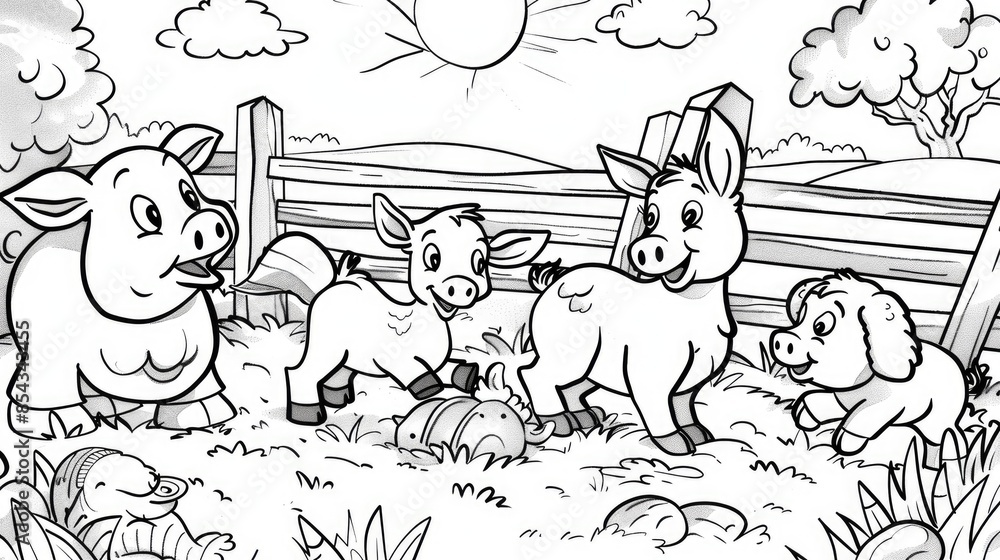 Color in this fun black and white educational counting activity sheet featuring adorable cartoon farm animal characters Color in this fun black and white educational counting activity sheet featuring adorable cartoon farm animal characters
