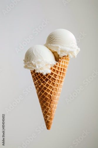  Ice Cream Cone Close-up on a White Minimalist Background, Commercial Photography prop, Wallpaper, banner design, brochure, web, advertising, illustration, concept of healthy life style