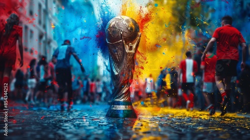 A soccer ball is surrounded by a colorful explosion of paint
