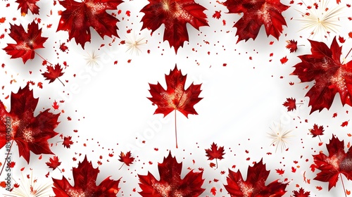 Canada day background design of maple leaves and firework with line frame on white background vector illustration