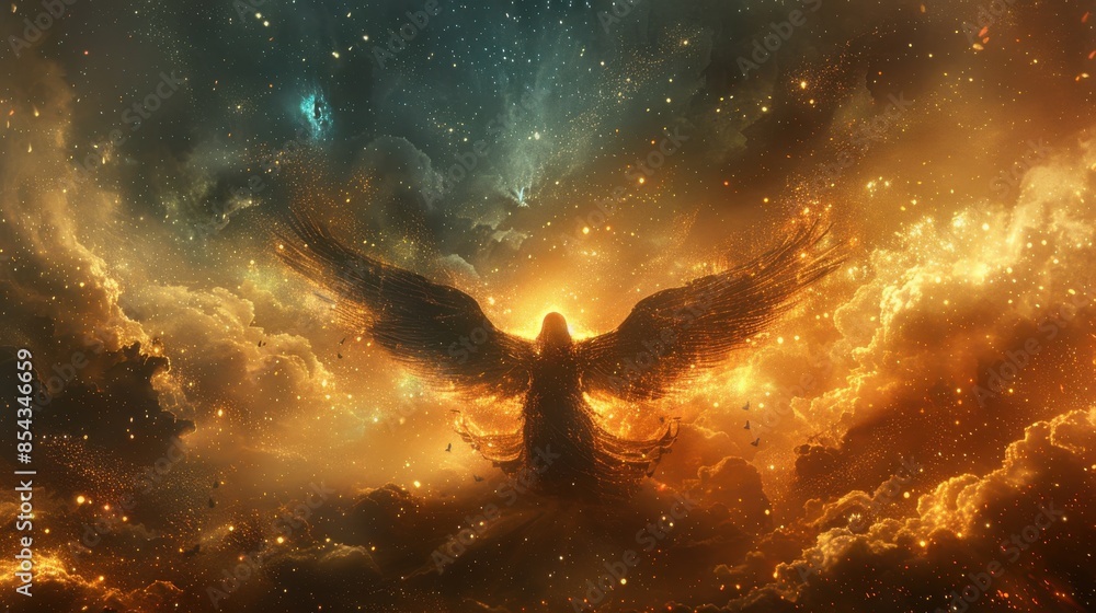 A golden bird is flying through a starry sky A golden bird is flying through a starry sky
