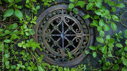 A metal storm drain cover with green grass growing around it, intricate details and natural setting