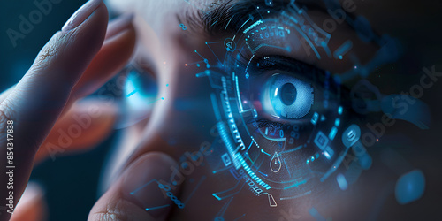 High-resolution close-up of a human eye with integrated cybernetic interfaces and digital displays, representing the fusion of biological vision and advanced technology for augmented reality applicati photo