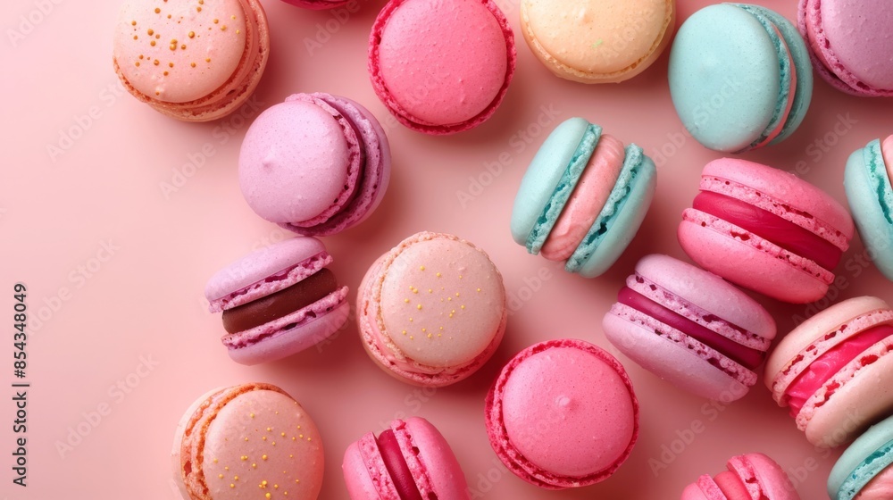 Obraz premium Macaroons on a table and plate, categorized under French desserts, colorful and delightful, with pink, white, and green hues, isolated and tempting