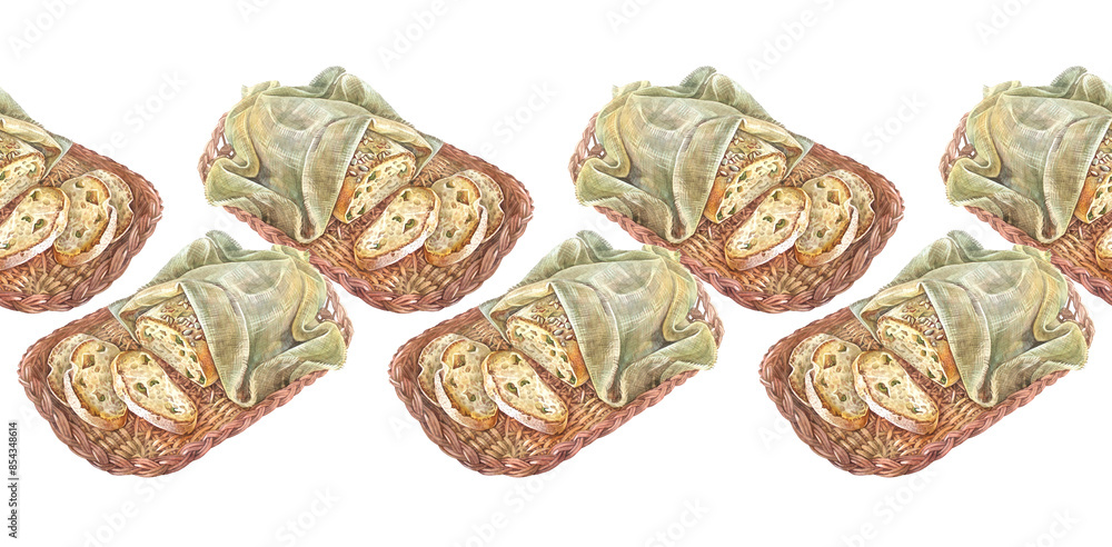 Seamless rim with watercolor loaf of fresh crispy homemade bread with olives on tray on white background. Whole grain bun for healthy breakfast. Border with food for kitchen. Wallpaper or wrapping Seamless rim with watercolor loaf of fresh crispy homemade bread with olives on tray on white background. Whole grain bun for healthy breakfast. Border with food for kitchen. Wallpaper or wrapping