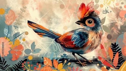 A colorful, whimsical bird with a red crest and large eyes is depicted in a pop art style surrounded by stylized floral and leafy patterns photo
