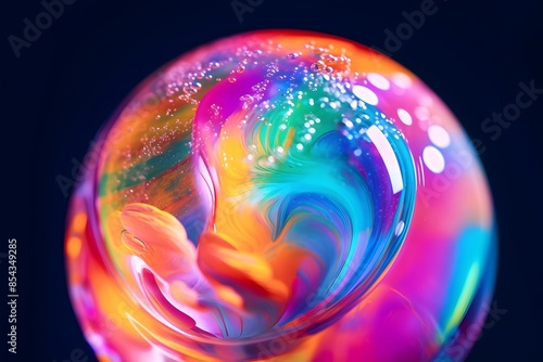 Colorful soap bubble on a dark background. Close-up.