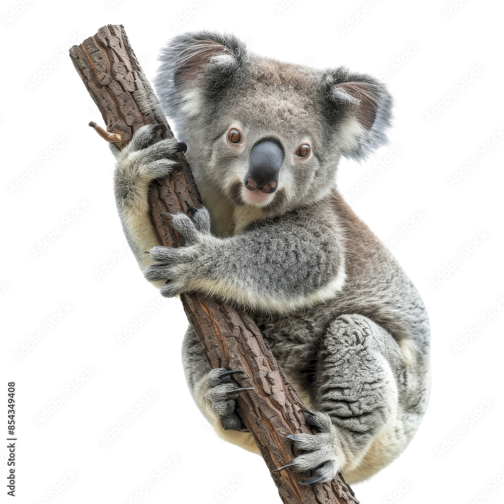 Cute koala hugging a tree branch on transparent background clipart Cute koala hugging a tree branch on transparent background clipart