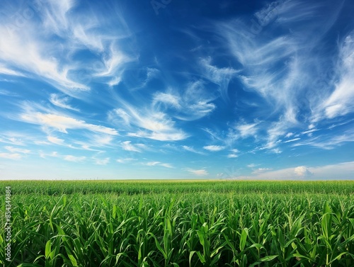 Vast field of green crops under a bright blue sky with wispy clouds, capturing the beauty of rural landscapes.