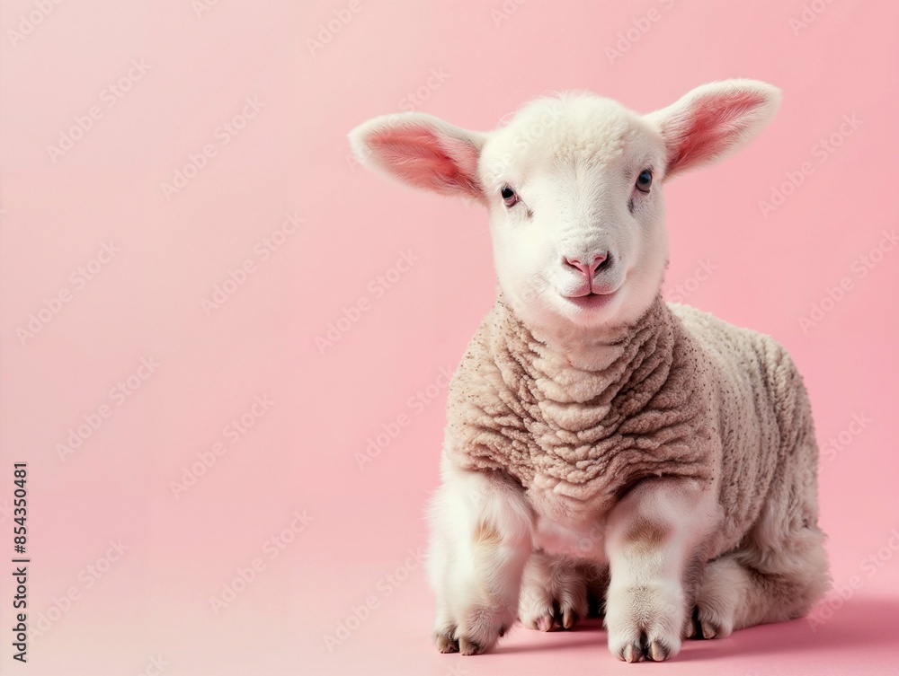 Fototapeta premium Adorable lamb with soft, fluffy wool against a pastel pink background, evoking a sense of innocence and cuteness.