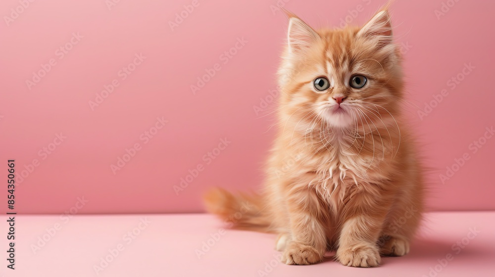 A cute Persian kitten sitting on a solid pastel background with space above for text A cute Persian kitten sitting on a solid pastel background with space above for text