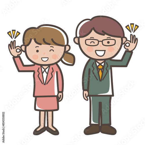 了解のOKサインを出す若い男女会社員の全身イラスト