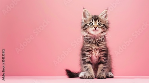 A cute Siberian kitten sitting on a solid pastel background with space above for text