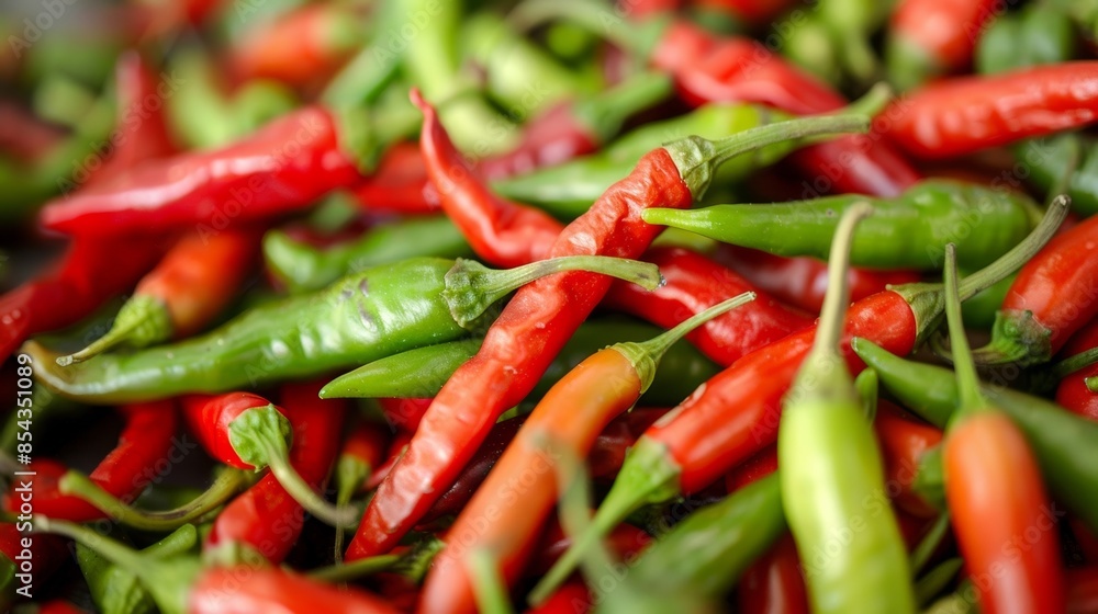A closeup of a pile of vibrant red and green chili peppers ready to add a y kick to any dish. A closeup of a pile of vibrant red and green chili peppers ready to add a y kick to any dish.