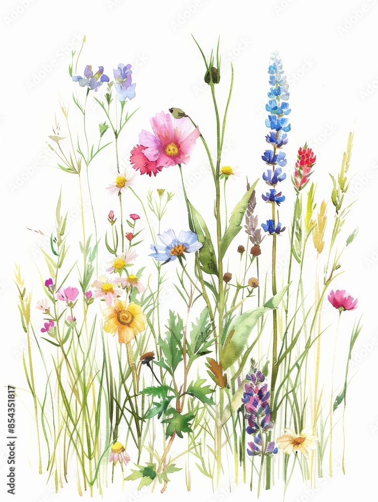 wildflowers and herbs in watercolor on a white background wildflowers and herbs in watercolor on a white background