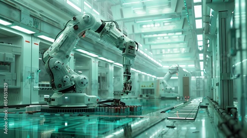 A high-tech industrial robotics testing facility with advanced AI 