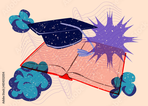 Risograph book and Graduation Cap with geometric shapes. Objects in trendy riso graph print texture style design with geometry elements.