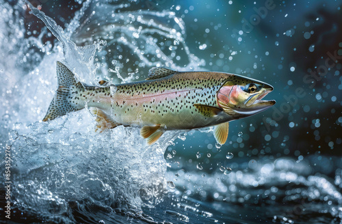 A rainbow trout leaping out of the water