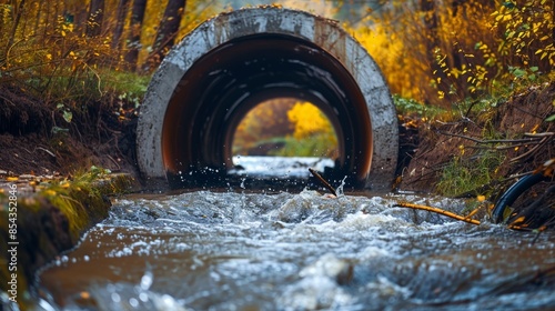 Urban water runoff flowing into a massive concrete culvert, detailed depiction of pollution and water management