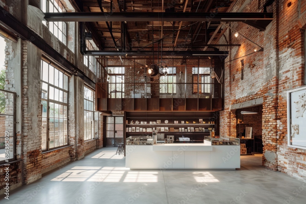 A large open space with a white counter and shelves A large open space with a white counter and shelves